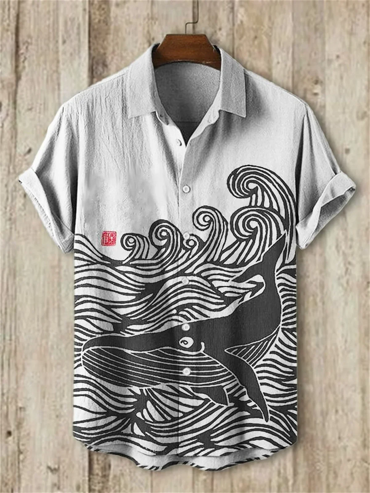

Men's Simple Retro Line Short Sleeve Lapel Shirt Men's Japanese Ukiyo-e Octopus ED Print Shirt Hawaiian Shirt Vacation Top