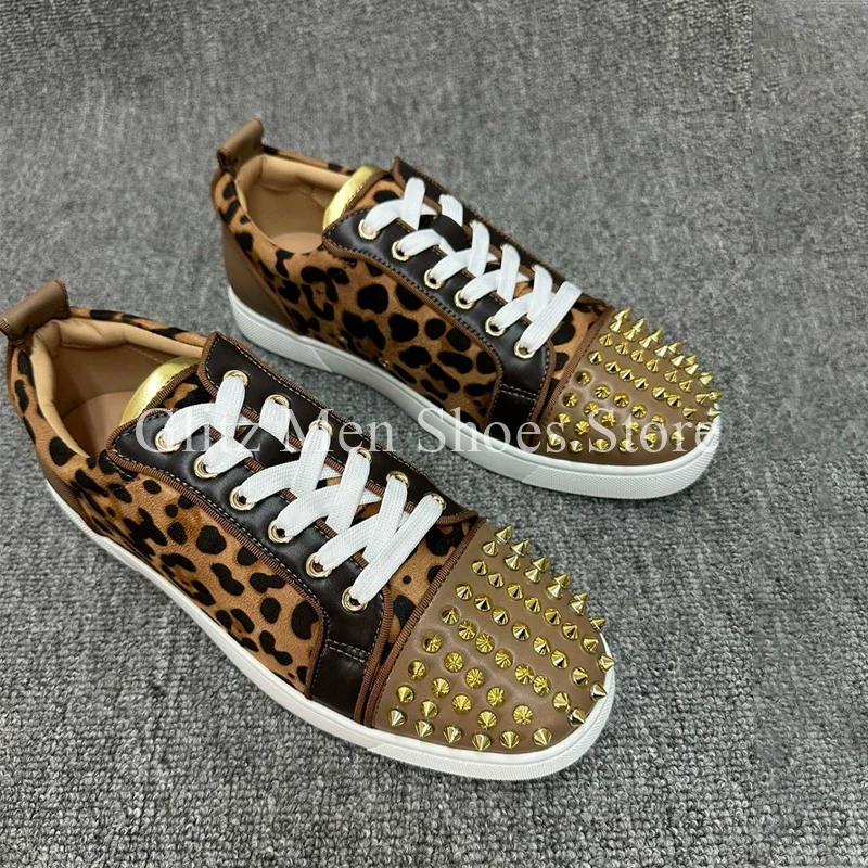 Men's Shoes Leopard Print Color-matching Design Golden Rivets Low-top Sneaker Shoes Spring Casual Lace-up Men Dress Shoes