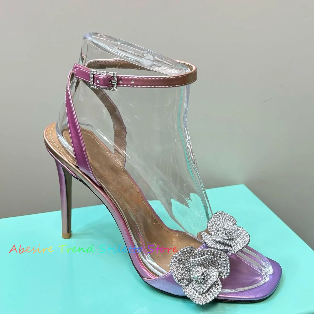 Rose Water Diamond High Heel Sandals Women Ladies Sexy Open Toed Colorful Stiletto Heel Buckle Strap Leather Elegant Dress Shoes