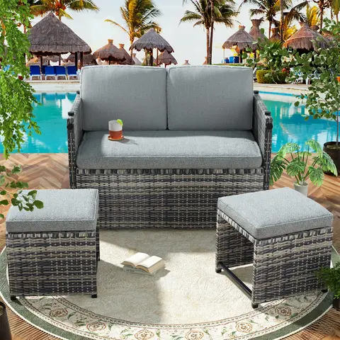 4/3 Pieces Convertible Multi-layout PE Rattan Loveseat Patio Furniture with 2 Storage Ottomans, All Weather Soft Cushioned Outdoor Furniture Sofa Set, Flexible Outdoor Patio Furniture Set for Patio Garden Balcony