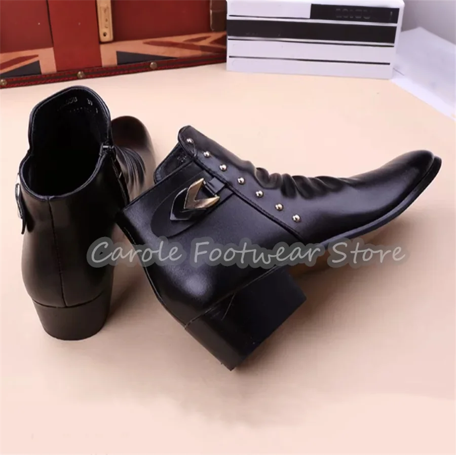 

Men's Black Pointed Toe Ankle Boots Rivet Decor Pleated Leather Dress Boots Male High Top Chunky Heel Casual Chelsea Boots