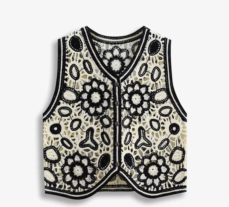 Crochet Vest Women\'s Floral Embroidery Open Knit Button Front Crop Tank Top Summer Fairycore Cottagecore Granny Teengirl Outfit