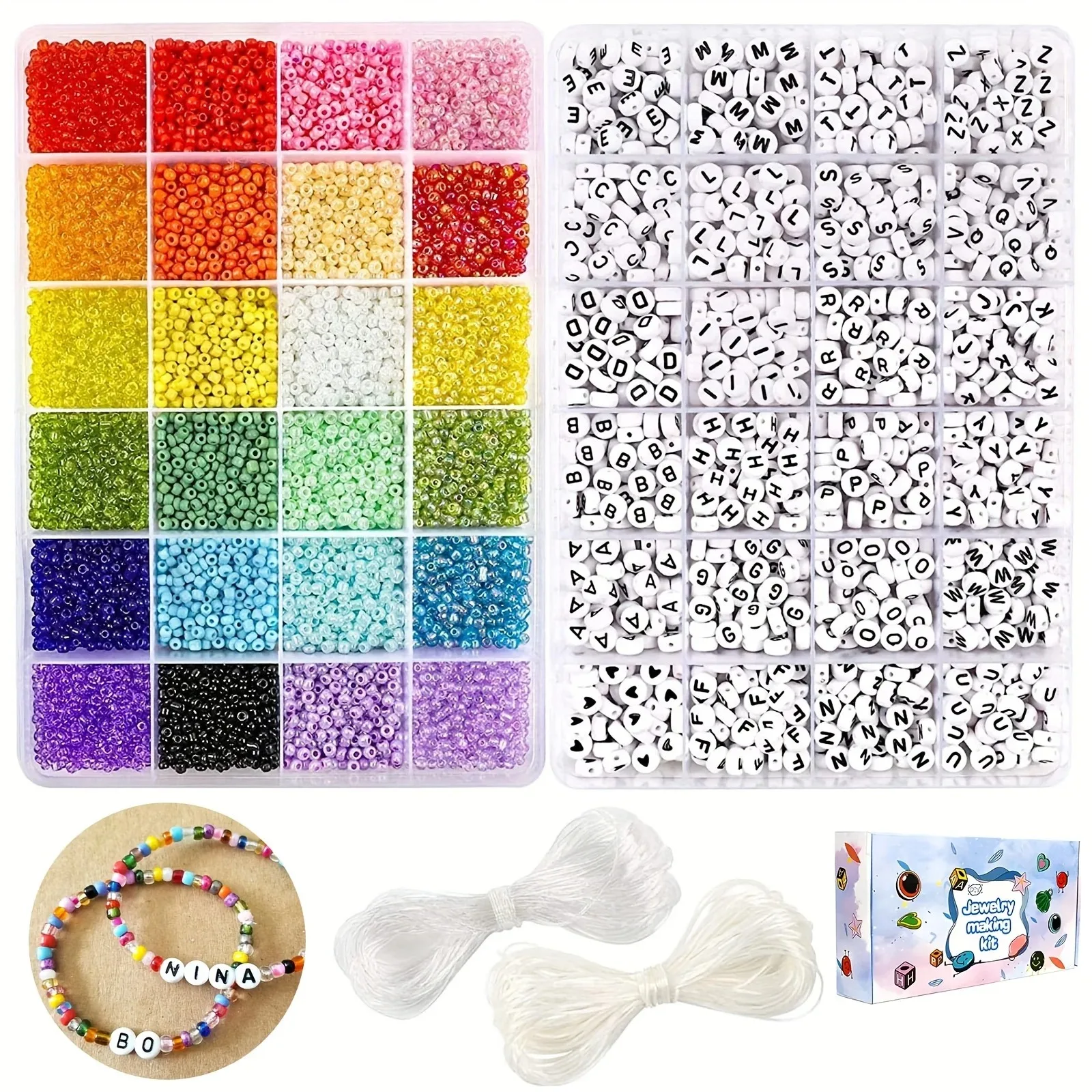 

10800pcs 3mm Glass Seed Beads Craft Beads Kit and 1200pcs Letter Alphabet Beads for Friendship Bracelets Jewelry Making Neck