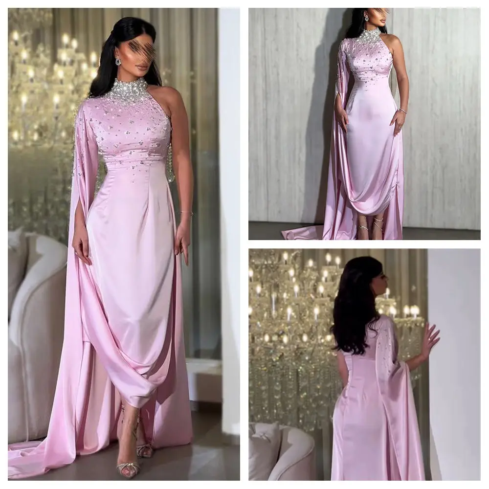 

Вечерние платья с высоким воротом по индивидуальному заказу, одно плечо, прямое платье со шлейфом и бисером, расшитое блестками, розовое длинное атласное платье для выпускного вечера