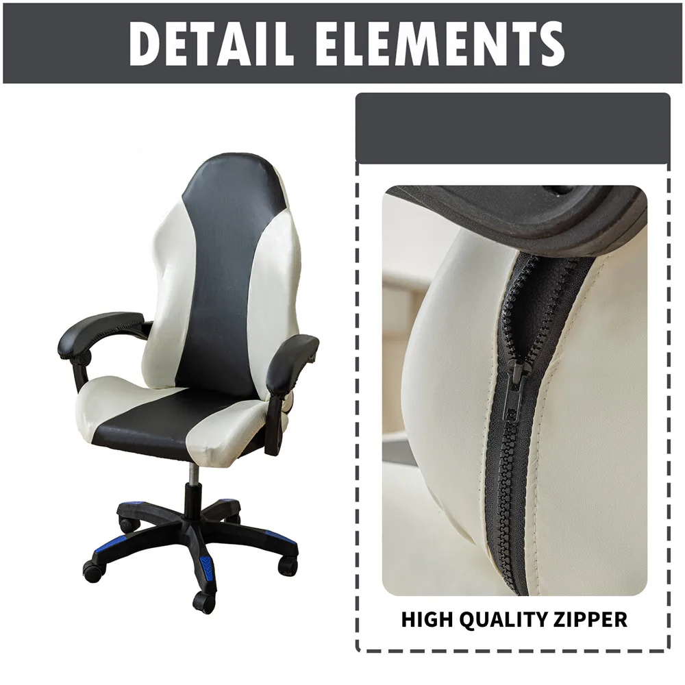 PU Leather Gaming Chair Cover Stretch Office Computer Rotating Lift Armchair Waterproof Seat Covers White and Black Non-slip