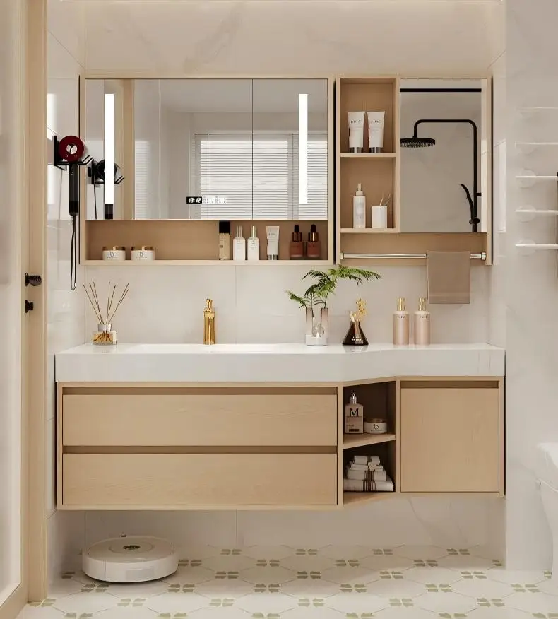 Modern custom natural wood-colored wall-mounted bathroom vanity combo with ceramic basin cabinet, sizes can be customized