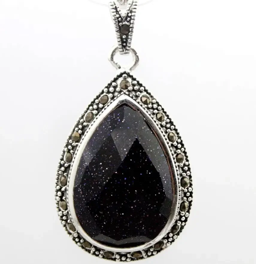 

Fashion Faceted 40*20mm Blue Sandstone 925Sterling Silver Waterdrop Marcasite Pendant