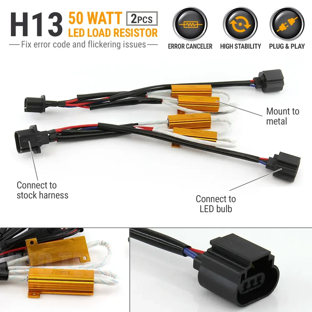 

2PC H13 9008 50W 6ohm Load Resistor Kit HID Relay Harness LED Anti Flicker Error Free Decoder Wiring Canceller Decoder