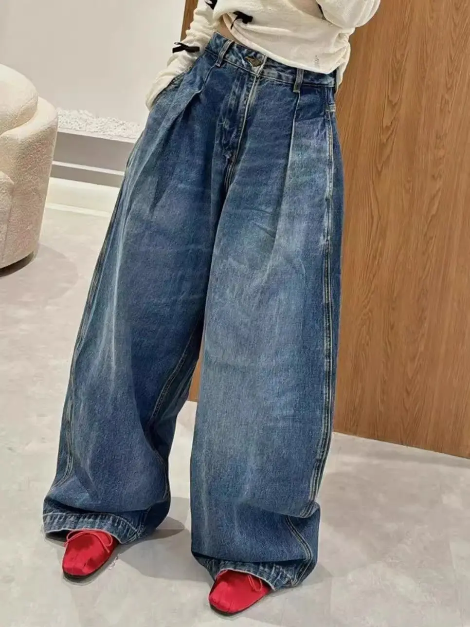 

American Retro Washed Curved Knife Floor Length Pants For Women In Plus Size, High Waisted Pleated Wide Leg Denim Pants