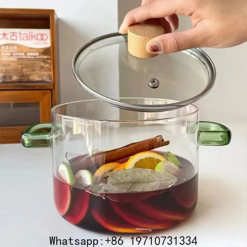 1.6L Transparent Double-handled Soup Pot Glass Health Cooking Pot Heatable on Electric Ceramic Hob Instant Noodle Bowl Tools