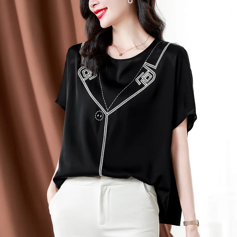 2024 Summer New Silk Simple and Elegant Short Sleeved Top with Advanced Embroidery Intellectual and Elegant T-shirt for Women