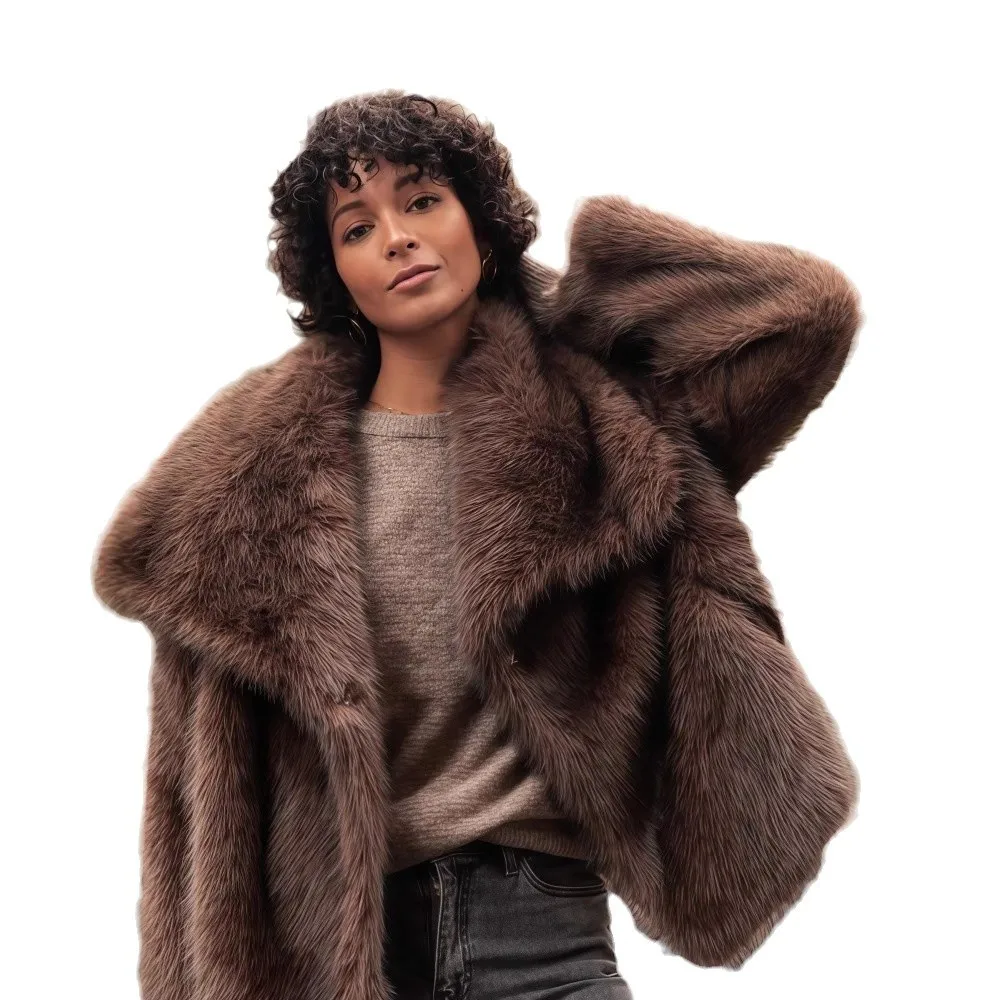 

Elegant Brown Fluffy Faux Fur Thicken Jacket Chic Female Lapel Long Sleeves Short Overcoats Autumn Winter Lady Street Outerwear