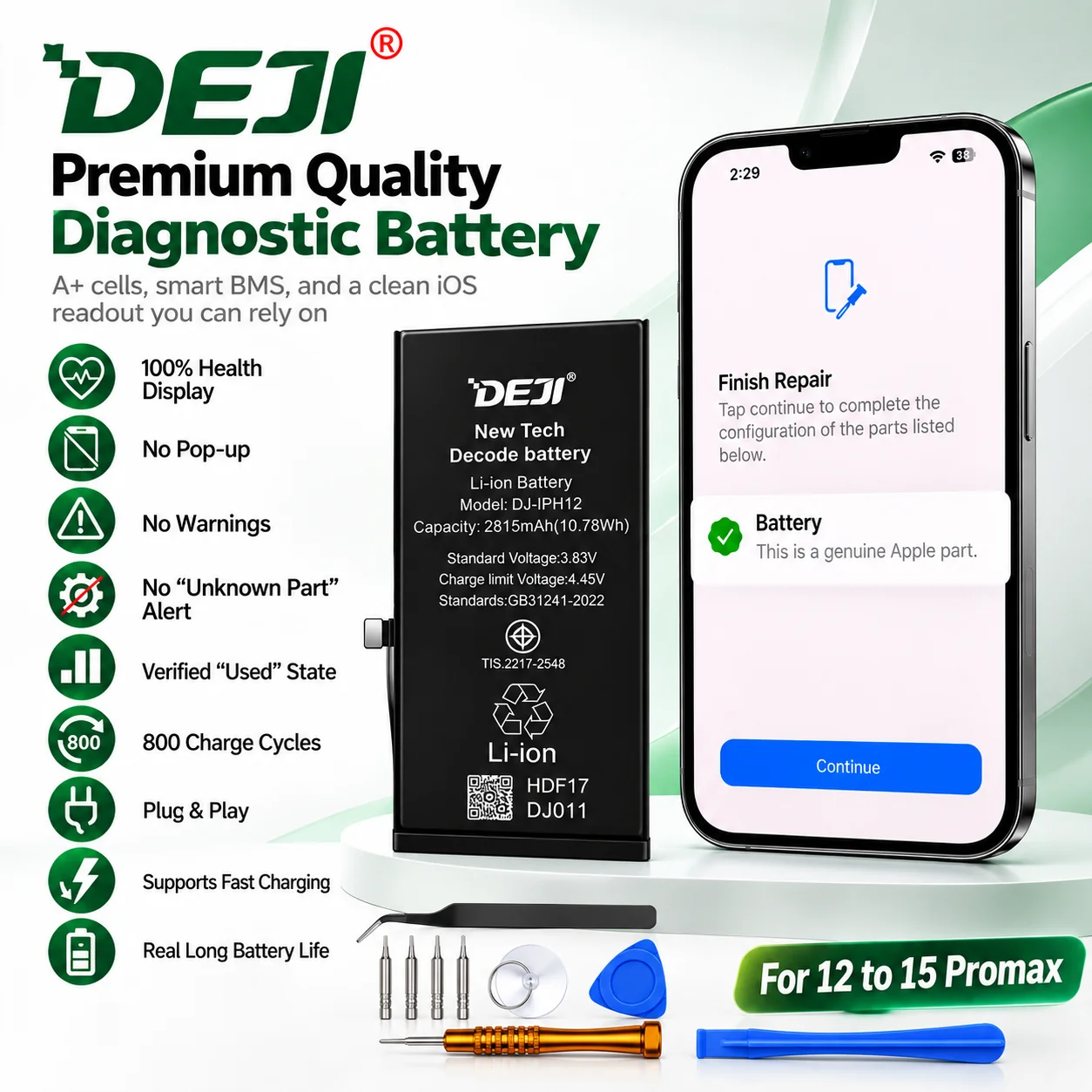 DEJI Diagnostic Battery for iPhone 12 Mini 13 Pro 14 Plus 15 Pro Max No Pop-Up 100% Health Premium Original Capacity Replacement