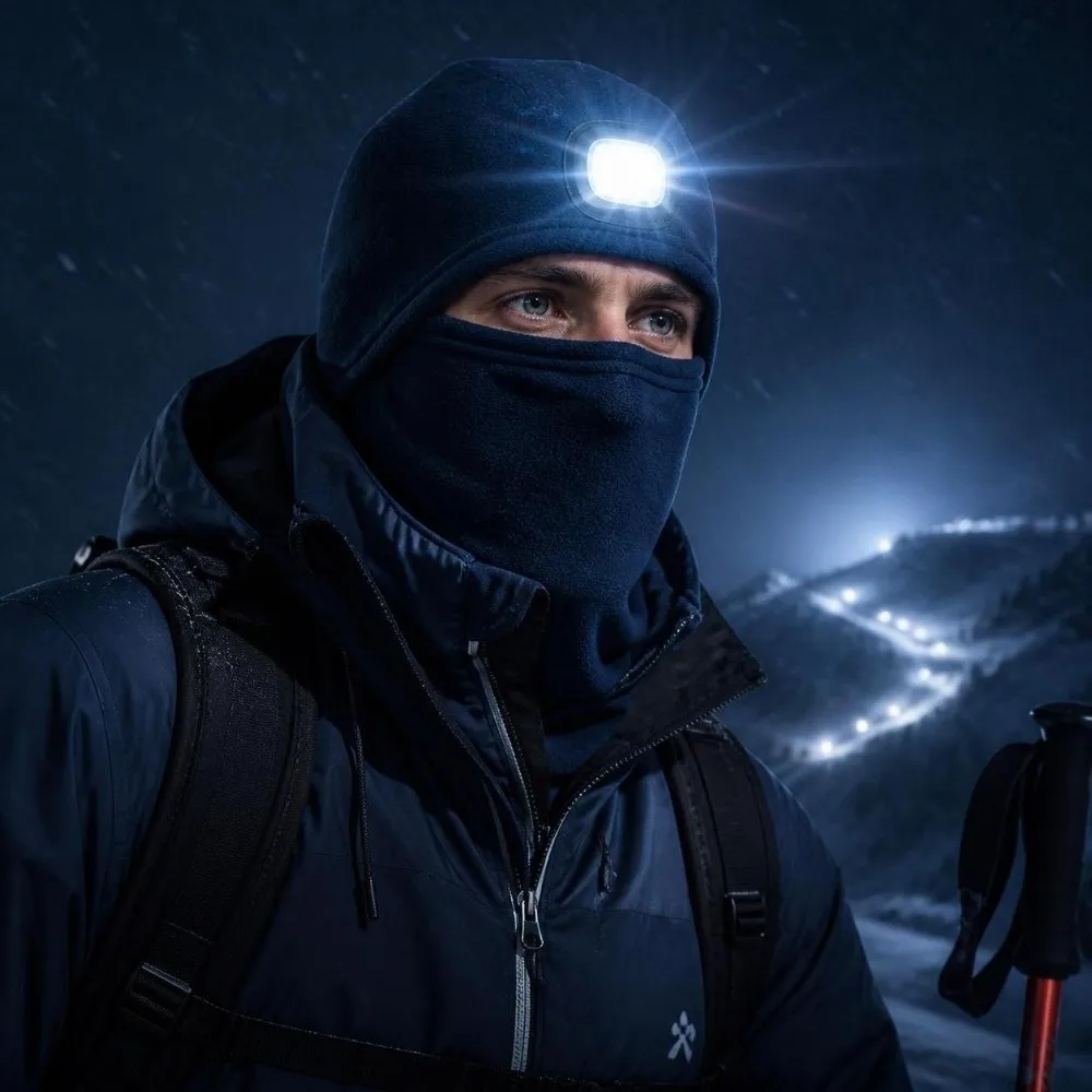 New USB Rechargeable LED Light Balaclava Fleece Lined Windproof Headlamp Hat Warm Thermal Stretch Full Face Mask Winter