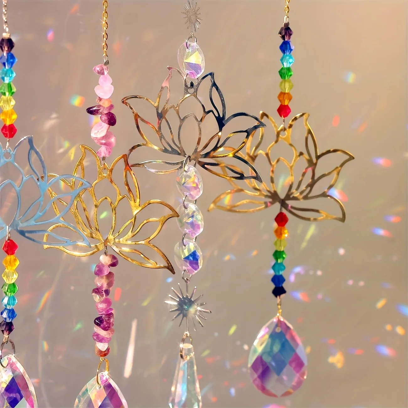 6pcs Lotus Glass Light Catcher Set - Chakra Bead Crystal Ornaments for Home Window Display, Wedding Decoration