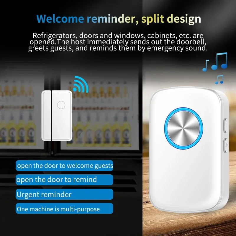 CACAZI Wireless Doorbell Magnetic 280 Meters Range 52 Melody Alarm Windows Household Anti-theft Magnetic Sensor Shop Door Bell