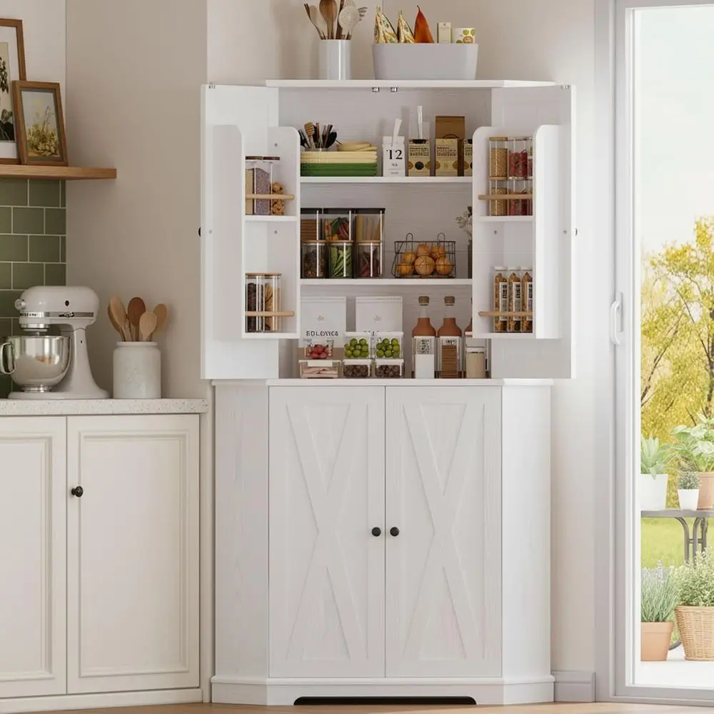 

Corner Cabinet, 72" H Kitchen Pantry Storage Cabinet, 4 Barn Doors with Storage Rack, 4 Adjustable Shelves, 6-Tier Tall Food Pan