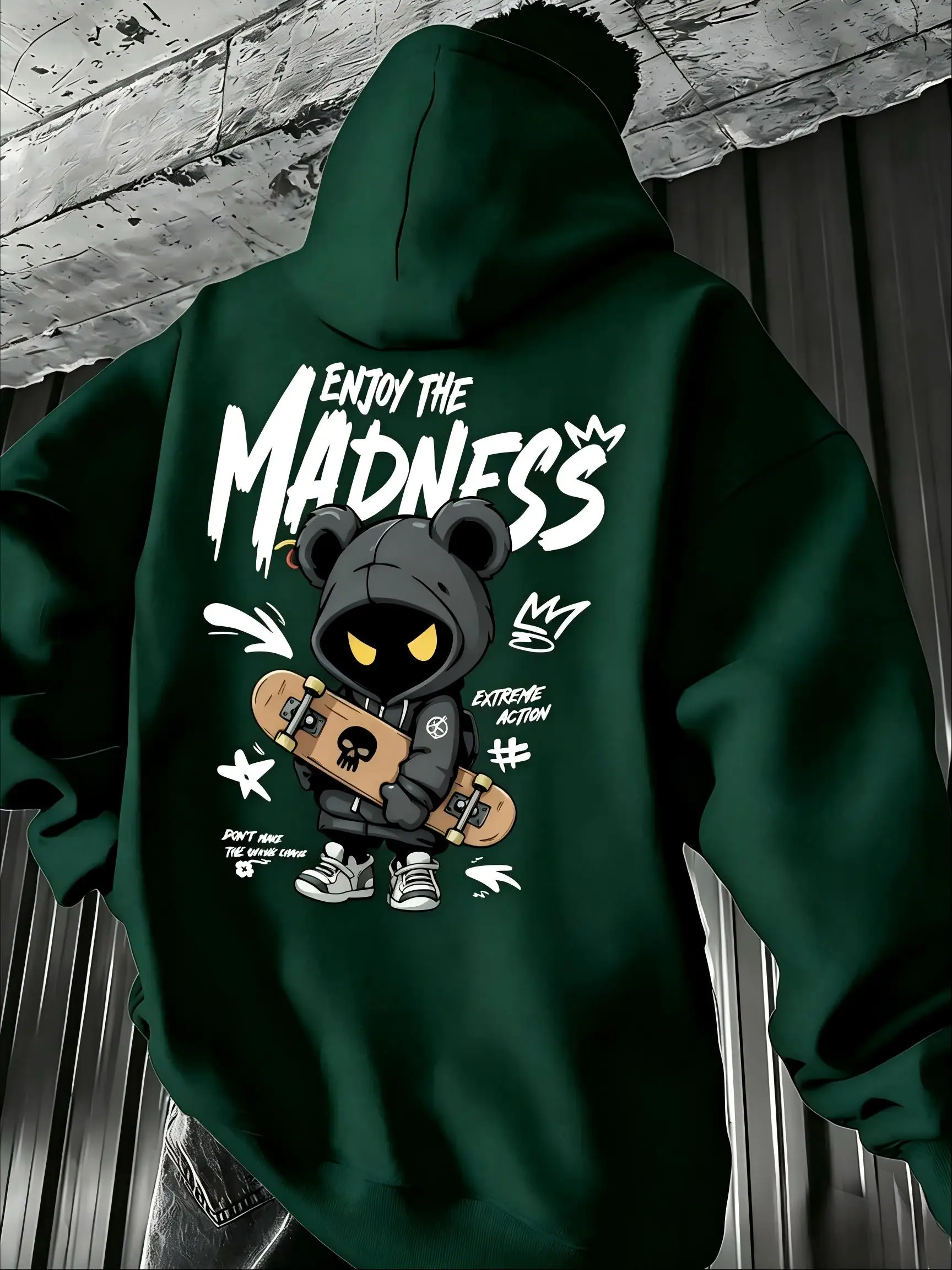 European and American men's autumn letter skateboard bear print micro elastic comfortable hooded sweatshirt outdoor street top