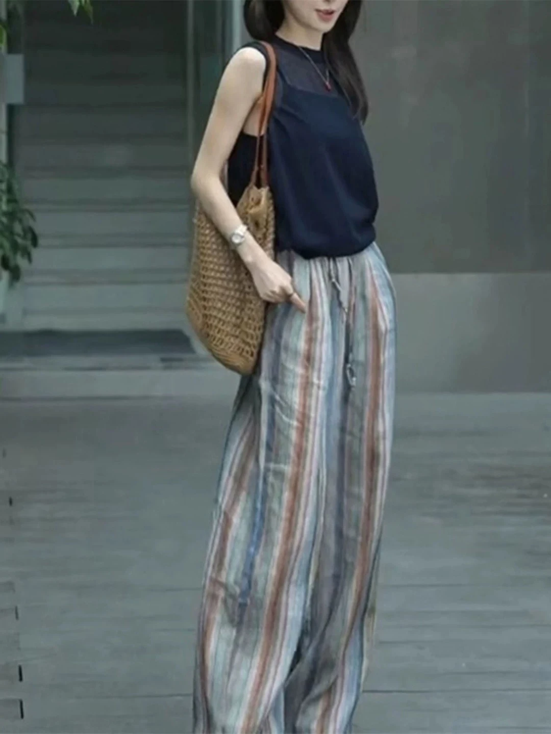 Pantaloni a gamba larga a vita alta Pantaloni estivi larghi in lino casual a righe arcobaleno da donna Pantaloni lunghi dimagranti in lino di cotone dritto