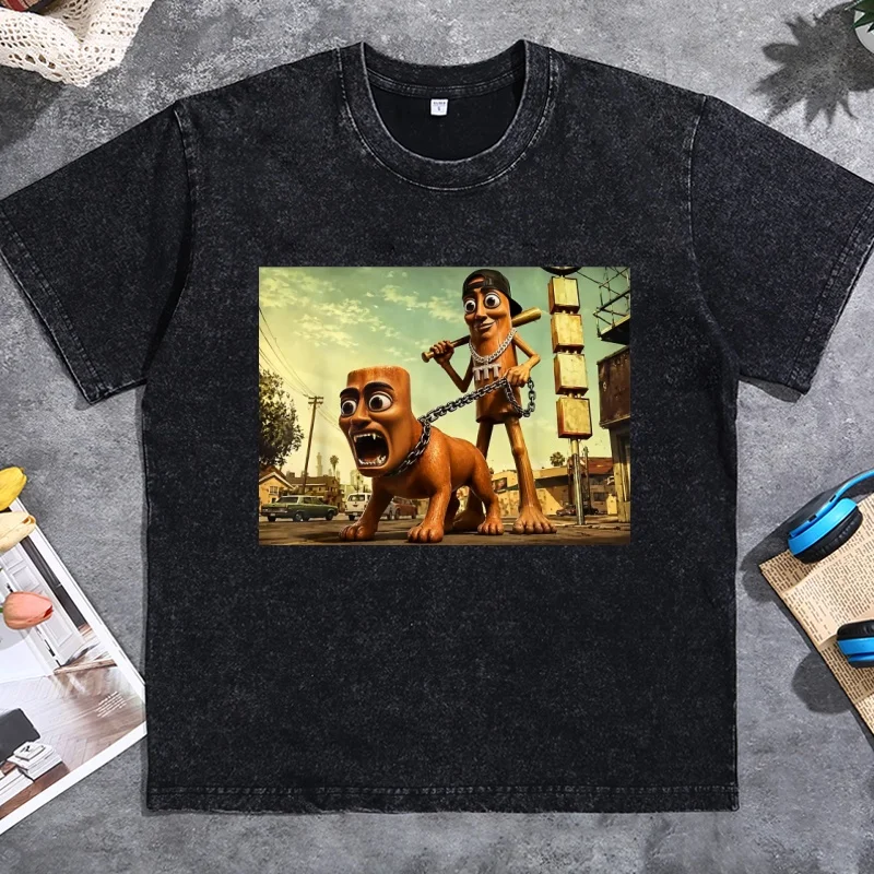 Triple T Tung Sahur Tuff Dog Lustiges Brainrot Meme T-Shirt Unisex Baumwolle Vintage Gewaschen T-Shirts Übergroß Hochwertig Lässig – Detail 4