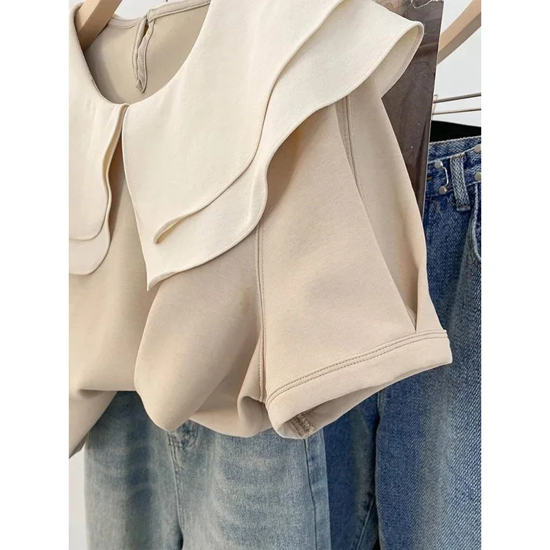 Moda verão peter pan colarinho elegante camisas de manga curta feminina solta estilo francês retalhos fino topos blusa feminina