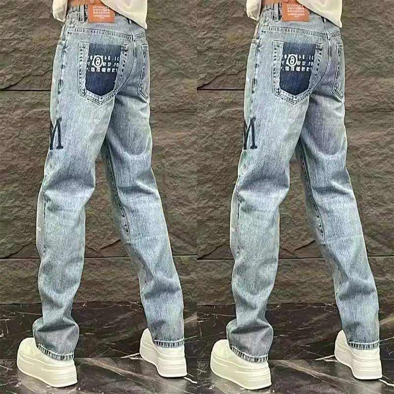 Celana Jeans Pria Model Kaki Lebar Musim Semi dan Gugur, Serbaguna, Fashion, Bermotif, Kasual, Stretch, Trendi, Biru, Model Lurus