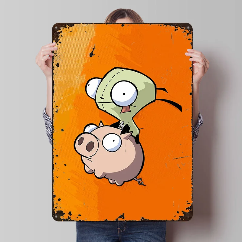 Invader Zim Gir Riding a Pig Printed Poster Customized Wall Art Retro Vintage Metal Tin Signs for Decoration Home Decor Items