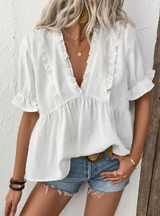 

Сексуальная женская рубашка из пуха с цветочным узором в курортном стиле, лето 2021, кружевные футболки с короткими рукавами, пуловеры, топы