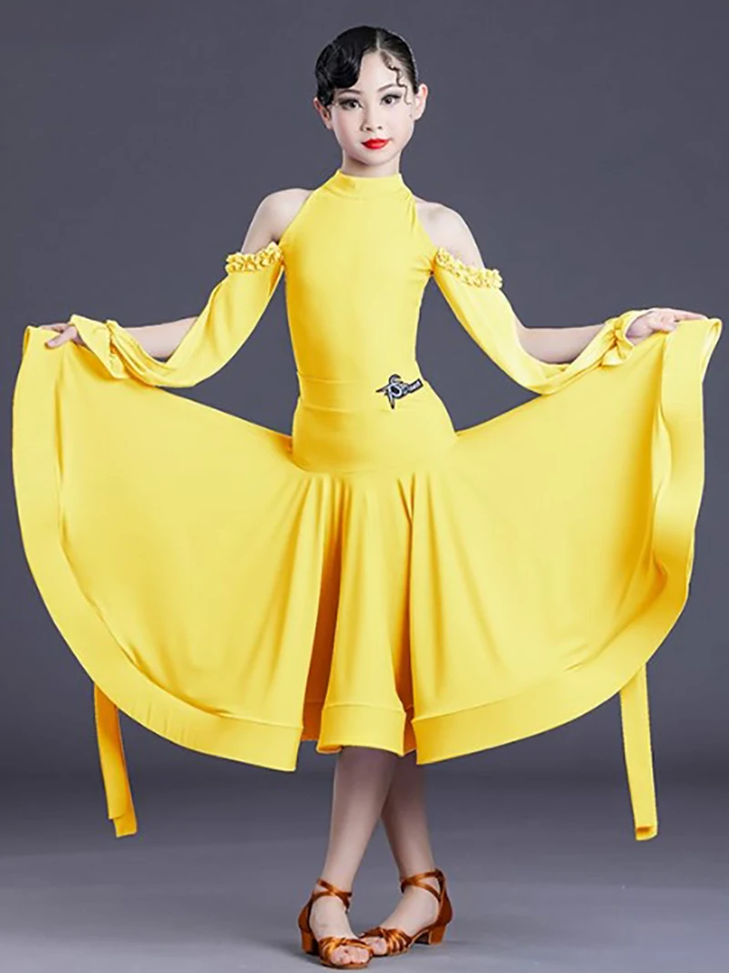 Body de danse moderne pour enfants filles, manches flottantes, épaules découpées, fendue, Standard National, grande jupe pivotante, vêtements de danse professionnels