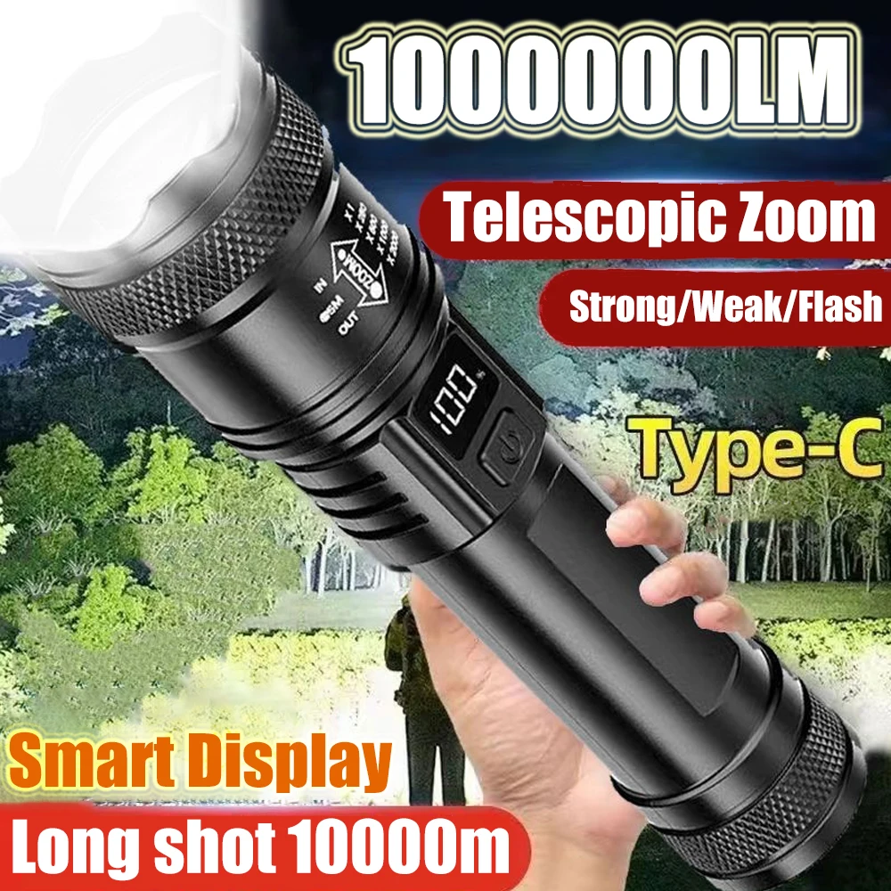 Linterna LED recargable, linterna con zoom de 10000LM, resistente al agua, 5 modos con pantalla LCD, carga para acampar, senderismo, emergencia