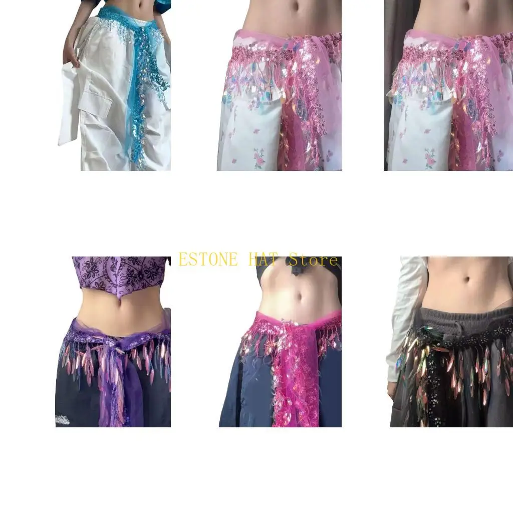 49MF Fashion Shirt Extender Jeans Decors Belly Dance Costume Dance Hip Scarf for Women Sequins Tassels Bellydance Belt Waist