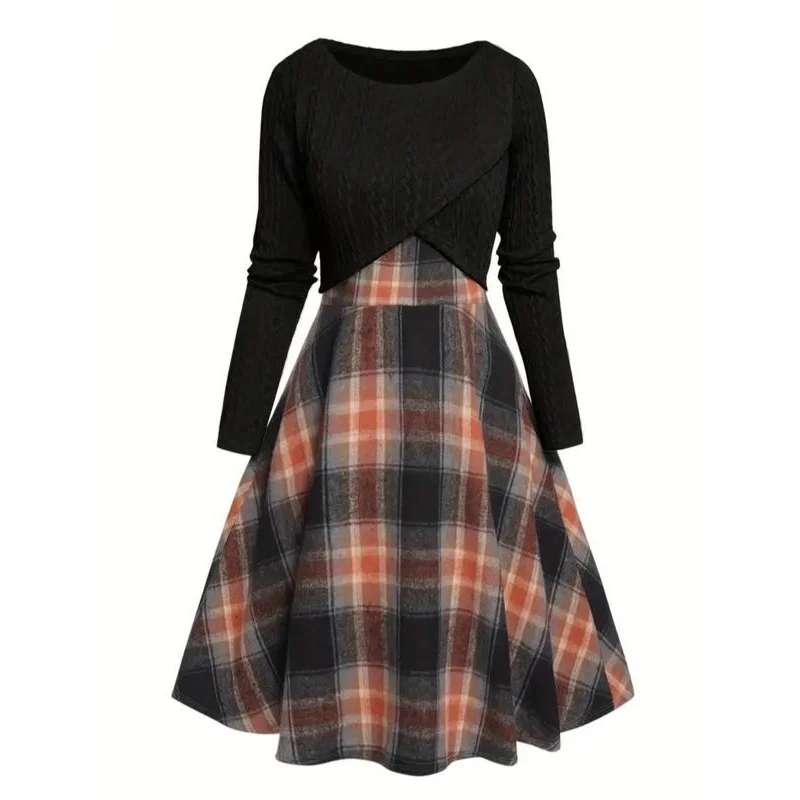 Women's Solid Wrap Hem Round Ne Textured Long Sleeve Crop Top & Plaid Print A-line Dress Suits Set, Preppy Fashion Comfort Skirt