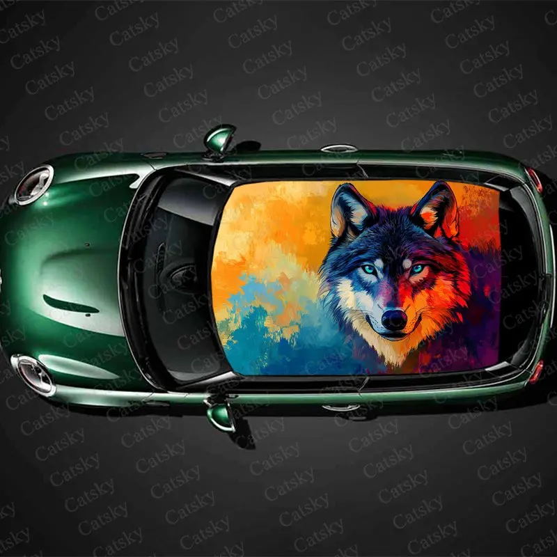 

Oil Painting of Wolves Print Car Roof Sticker Wrap Racing SUV Auto Accessories Packaging PVC Car Hood Graphic Decal Decoration