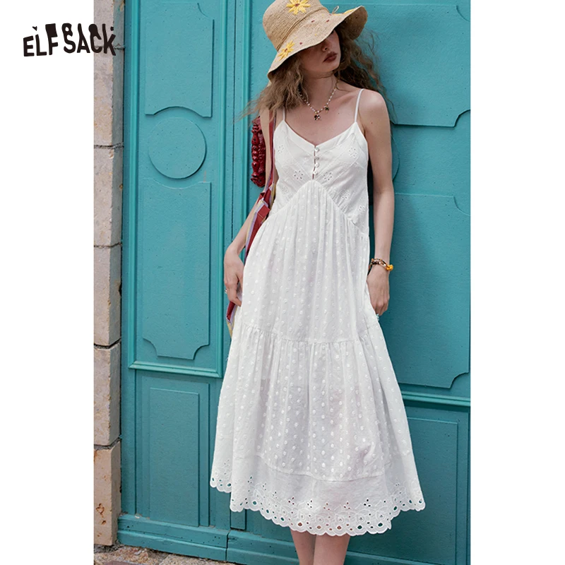 

ELFSACK 2025 Summer New Arrivals White Jacquard Camisole Chic Dress For Women