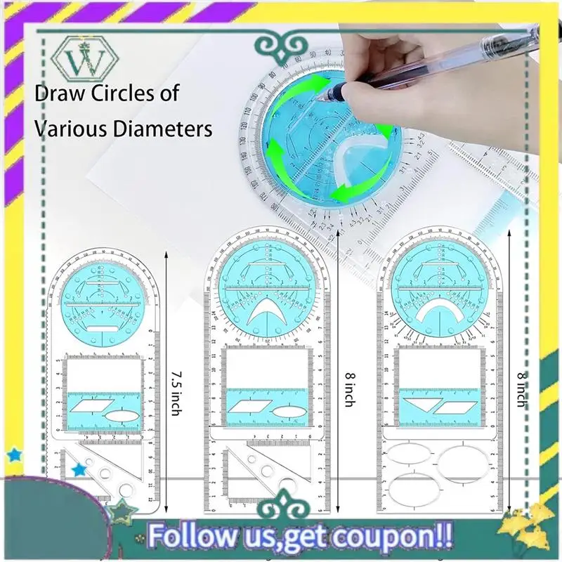 NEW Multifunctional Geometric Ruler, Geometric Drawing Template, Measuring Tool Draft Rulers For School