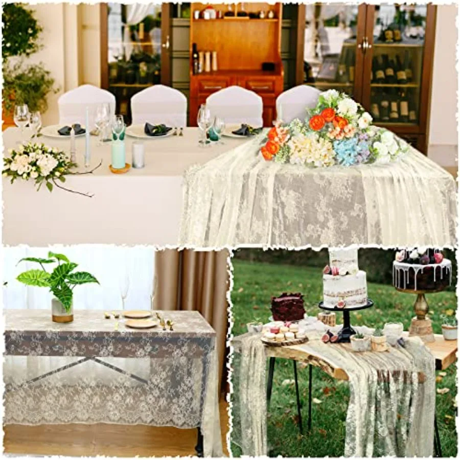مفارش مائدة من الدانتيل العاجي - 10 عبوات، 59 × 118 بوصة، تراكب طاولة مستطيل مطرز بالدانتيل الزهري لحفلات الزفاف، وحفلات استقبال المولود الجديد،