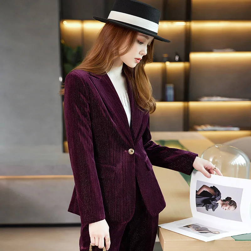 High Quality Fabric Velvet Women Business Suits with Pants and Jackets Coat for Women Office Work Wear Blazers Set Pantsuits