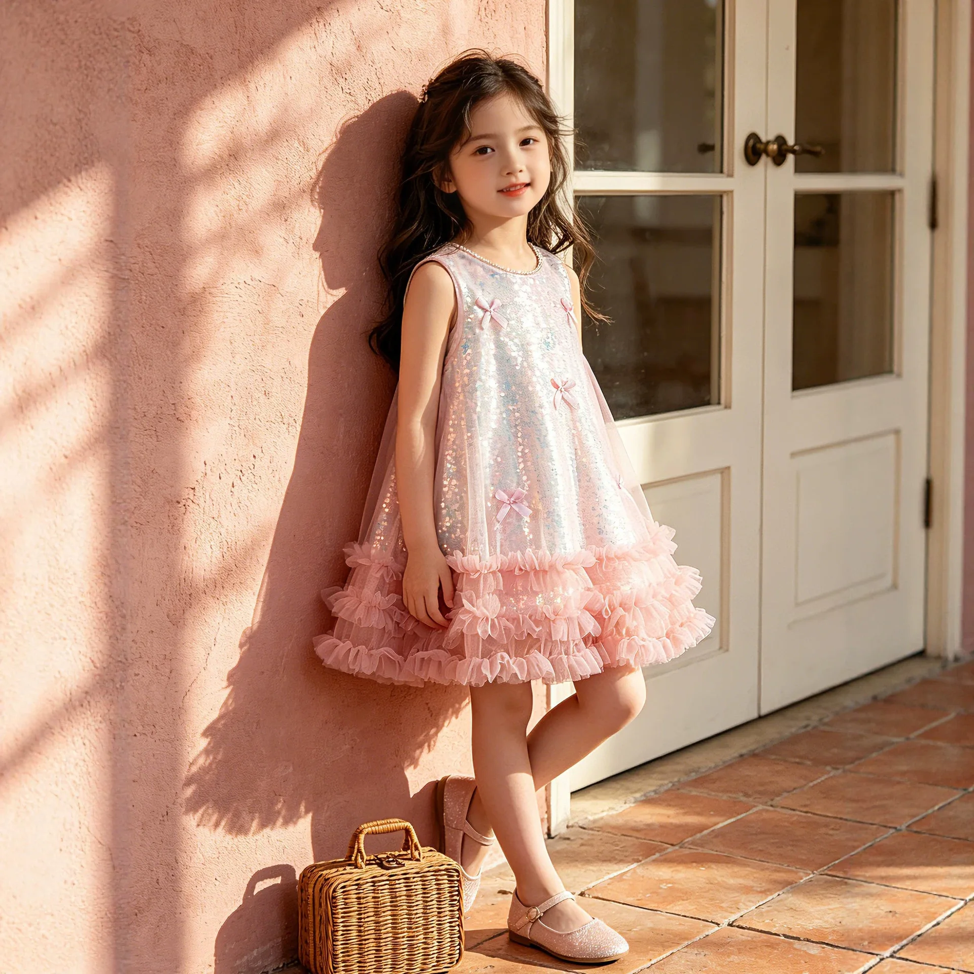 GirlsDress 2026 Summer New Childrens Sequin Party Dress Princess Dress High-End Mesh Puff Dress Sweet and fashionable