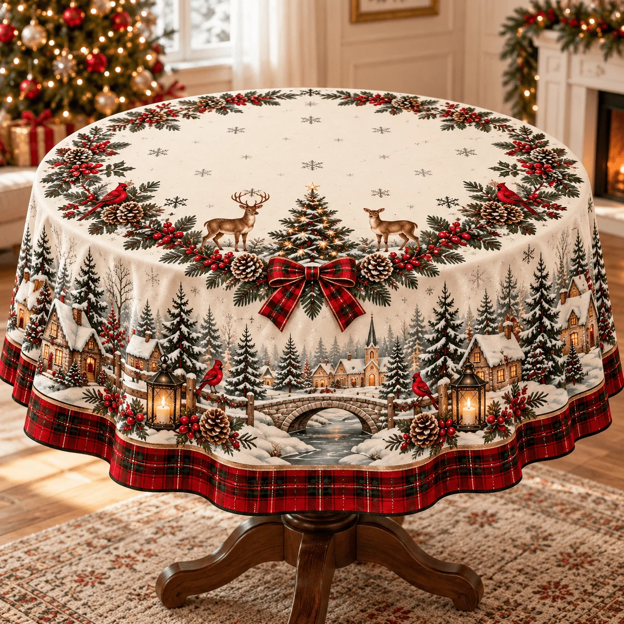 1 round tablecloth, Christmas atmosphere! Off-white background with snow village hut, stone bridge, cardinal and reindeer prints