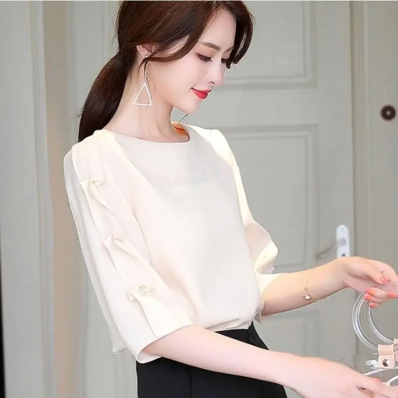 Women Summer Korean Simplicity Loose Diamonds Solid color O-neck short sleeve Chiffon Shirts Ladies Fashion All-match trend tops