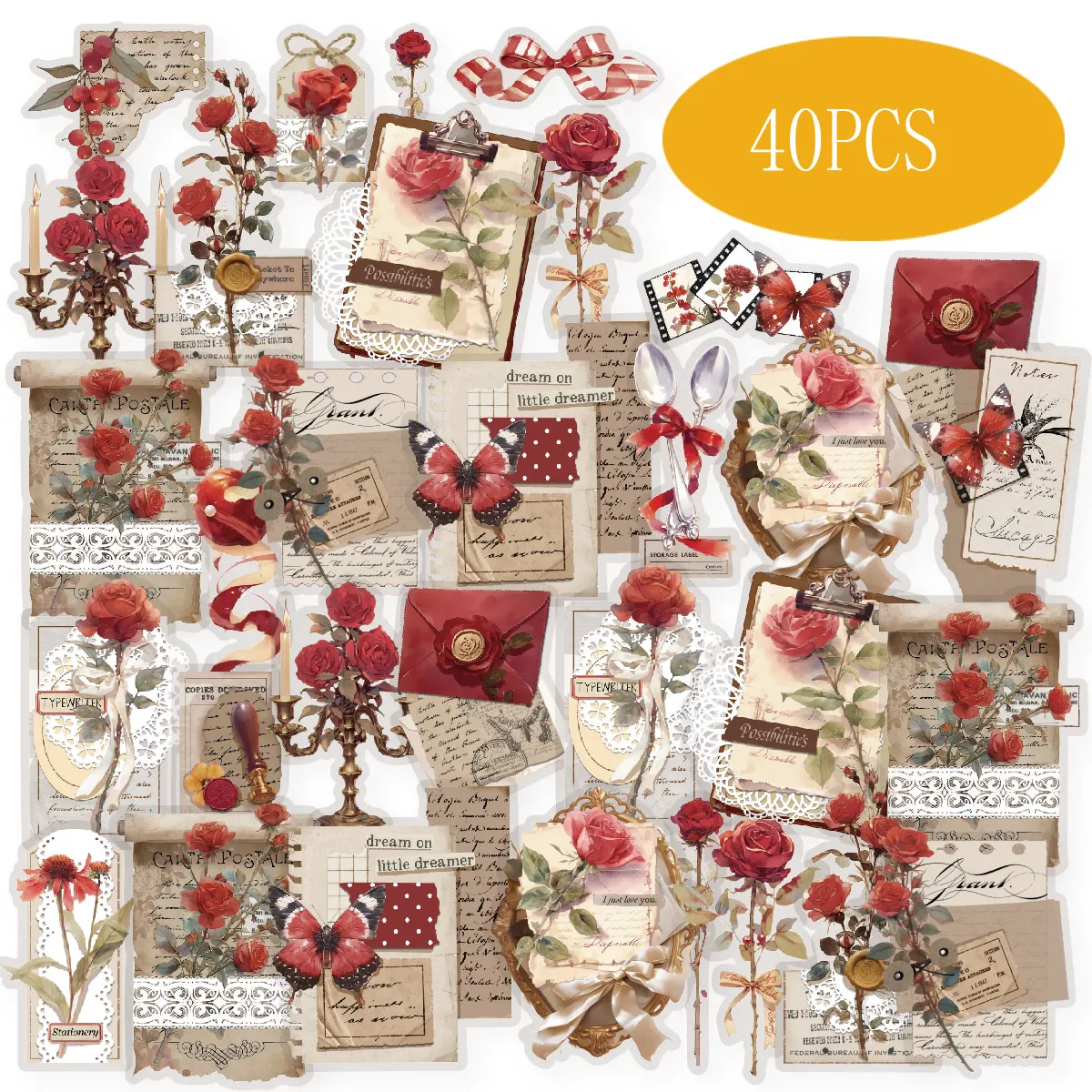 Etori Life Red Enchanting Rose Red Love Letter Vintage Journal Pattern Pegatinas para suministros de álbum de recortes, álbumes de fotos, decoración de habitaciones, sobres, revistas, papelería para estudiantes, manualidades DIY, pegatinas para niños, man