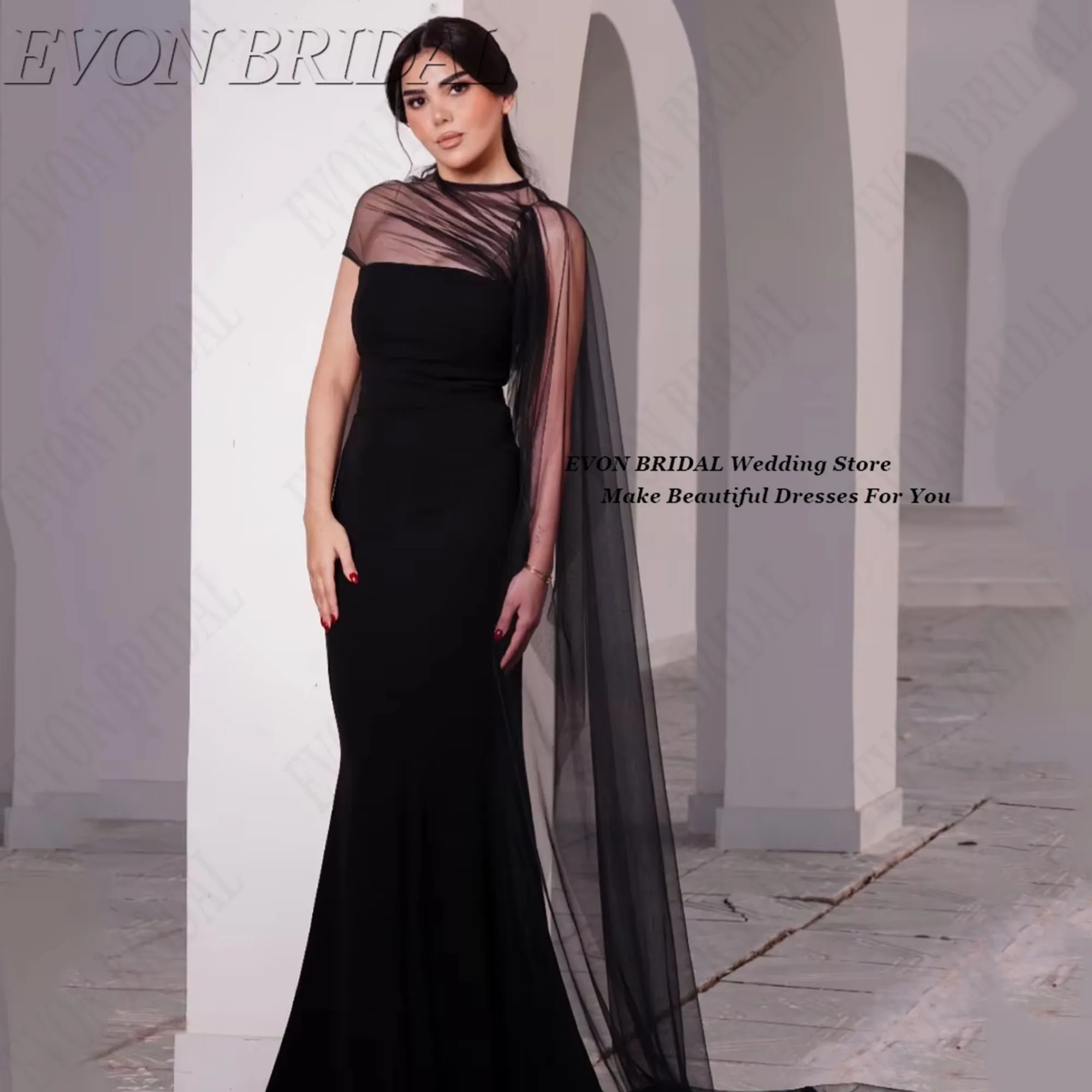 

Black Pleat Tulle Prom Dresses Sexy Sheer Neckline Evening Dress Customized Mermaid Elegant فساتين سهرة EVON BRIDAL