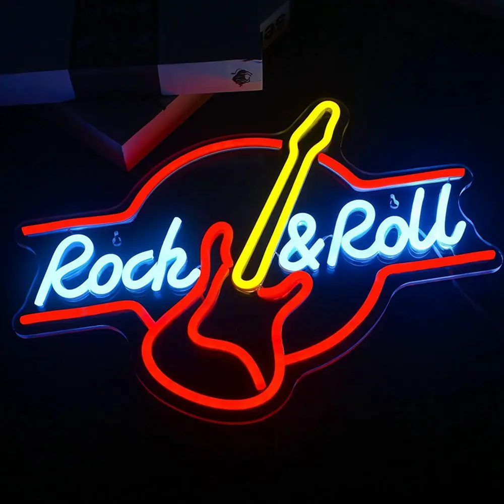 

Рок-н-ролл, гитара, светодиодная неоновая вывеска с питанием от USB и регулируемым переключателем для украшения комнаты, музыкальный бар, подарок для концерта