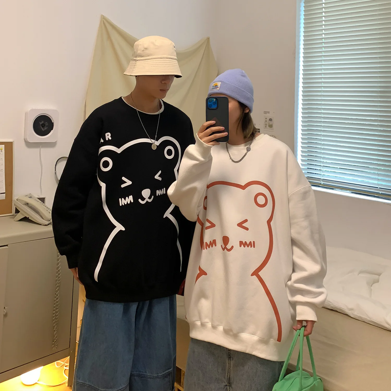 Oversized Hoodie Kawaii Cartoon Bear Print Casual O-Neck Pullovers Sweatshirts Autumn Long Sleeve Couple Sweatshirt