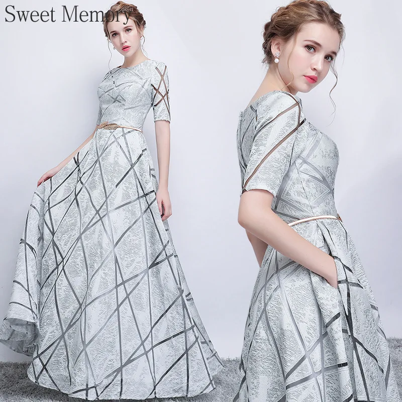 O130 Sweet Memory White Gray Dark Evening Dresses Christmas Party Gown Fashion Mother of the Bride Dresses With Sashes