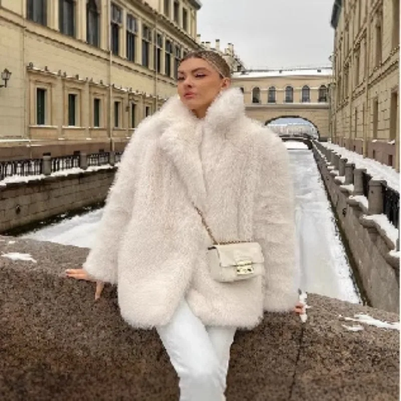 High Street Autumn Winter Women Coat Faux Fur Thick Warm Thick Fox Hair Coat  for Medium To Long Fashionable Style Wome Clothing