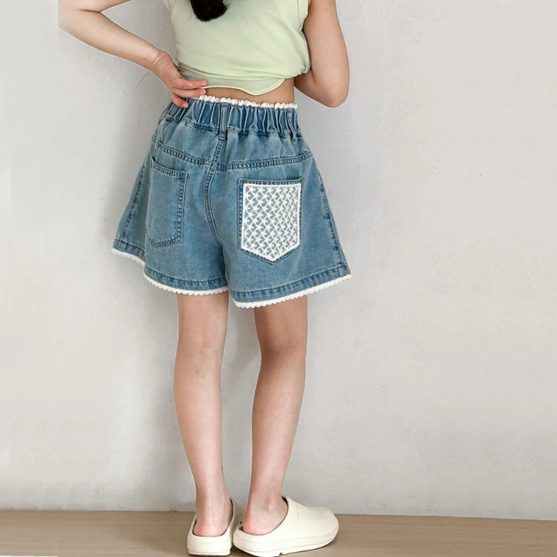 

2025 Summer New Children's Lace Pocket Wave Pattern Waist Head Light Color Cotton Denim Shorts