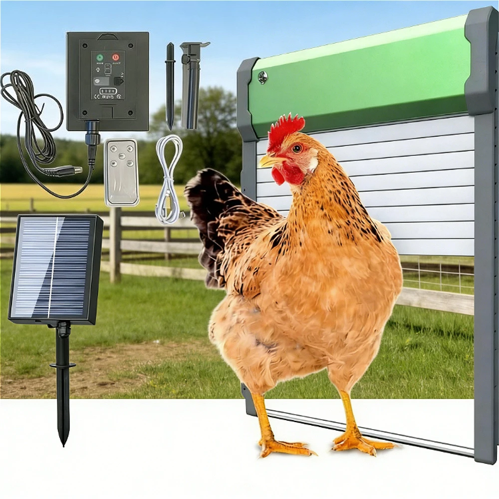 

Solar powered automatic chicken flap with light sensor timer remote control weatherproof roller door design