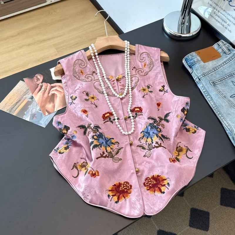 New Chinese Style Heavy Embroidery round Neck Buttoned Hem Ethnic Top Women's Fashionable Vest Shirt Polyester Fabric