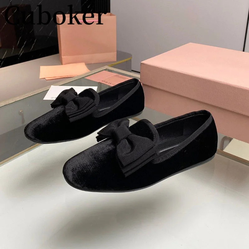 2024 Spring Velvet Flat Black Women\'s slippers Round Toe Bow tie Mules Women Slippers Casual Non slip Home Loafers for Women